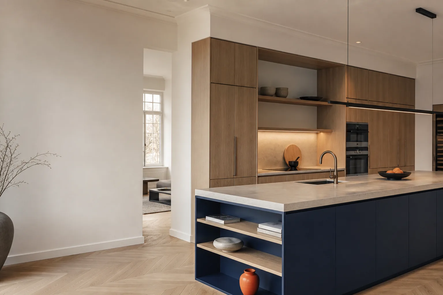 Bespoke kitchen concept with natural oak cabinetry, navy island and light stone worktop